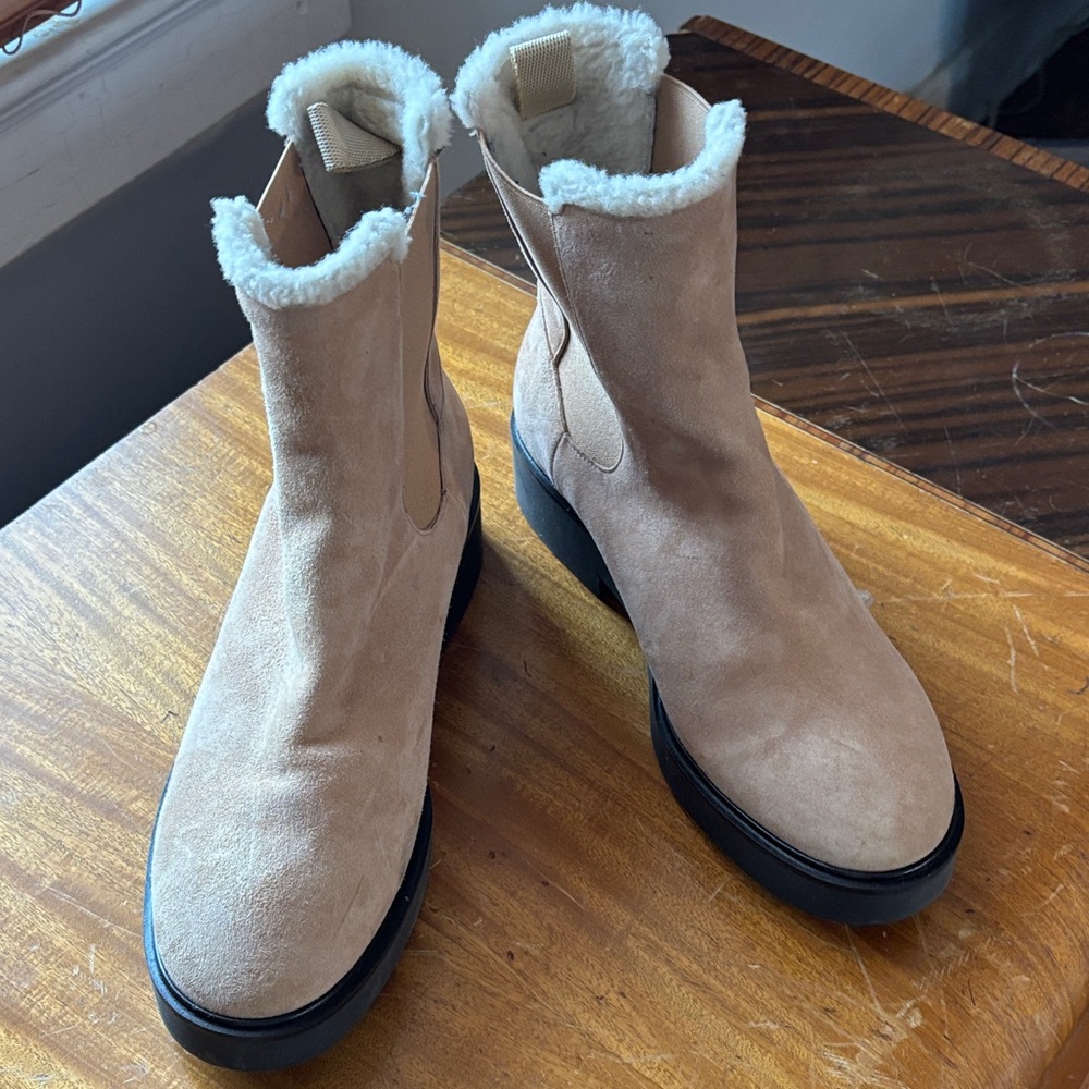 Stuart Weitzman Beige Suede Boots with White Fur Trim